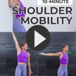 Pin for Pinterest of woman performing shoulder mobility exercises