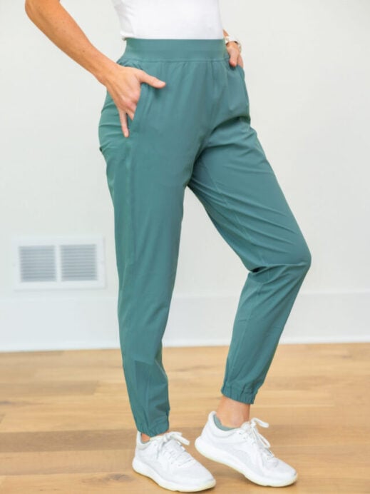 woman wearing green adapted state joggers from lululemon