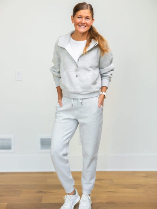 woman wearing gray scuba joggers as part of best lululemon joggers review post