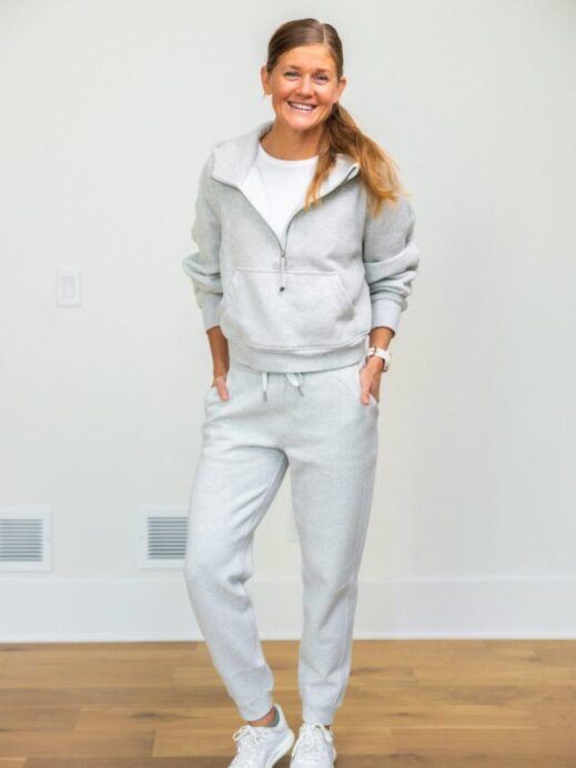 woman wearing gray scuba joggers as part of best lululemon joggers review post