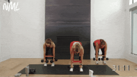 three women performing deadlifts and lateral squats as part of full body circuit workout