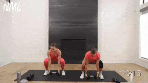 two women performing glute squats and bicep curls as part of 15 minute workout