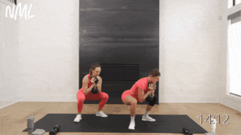 two women performing a goblet squat and pivot squat as part of 15 minute workout