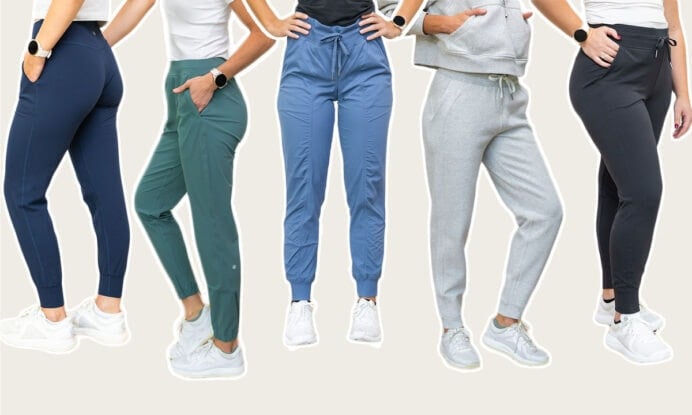 image of five women wearing lululemon joggers as part of review of best lululemon joggers women
