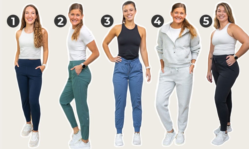 Image of five women wearing lululemon joggers with numbers ranking best lululemon joggers