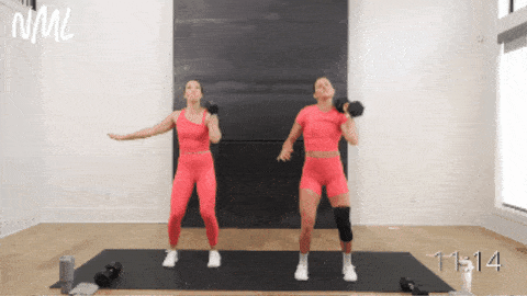 two women performing a single arm row, clean and press as part of 15 minute workout
