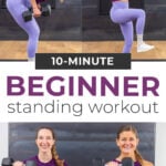 Pin for pinterest - image of woman performing a dumbbell exercise as part of beginner workout