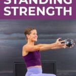 Pin for pinterest - image of woman performing a dumbbell exercise as part of beginner workout