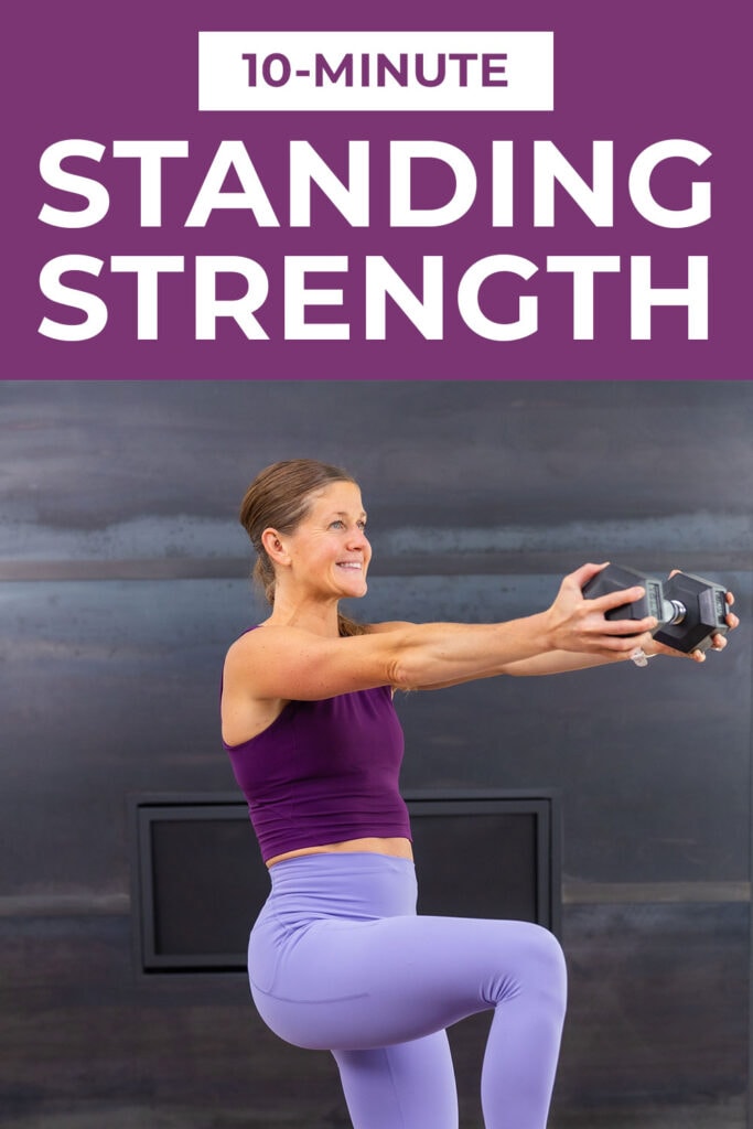 Pin for pinterest - image of woman performing a dumbbell exercise as part of beginner workout