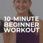 Pin for pinterest - image of woman performing a dumbbell exercise as part of beginner workout