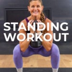 Pin for pinterest - image of woman performing a dumbbell exercise as part of beginner workout