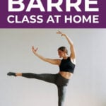 pin for pinterest showing woman performing a leg lift as part of cardio barre workout