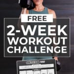 woman performing shoulder press with text overlay 2-week new year challenge
