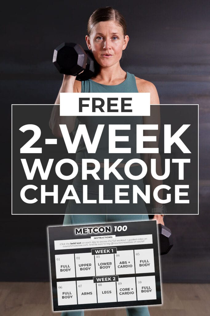 Woman performing shoulder press with text overlay describing 2 week workout program