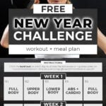 woman performing shoulder press with text overlay 2-week new year challenge