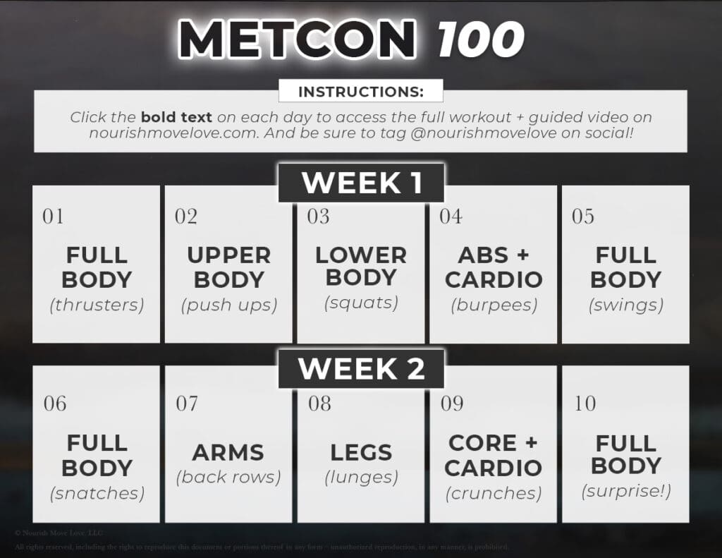 Calendar with 10 days of metabolic conditioning workouts