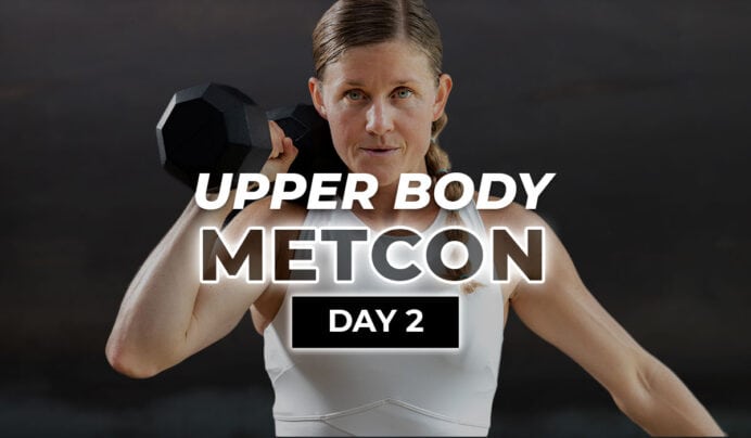 Woman performing shoulder press with text overlay describing upper body metcon workout