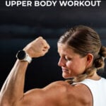 Woman performing shoulder press with text overlay describing push up workout