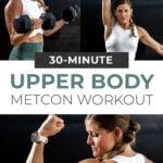 Woman performing shoulder press with text overlay describing push up workout