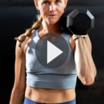 pin for pinterest - Image of woman performing a squat thruster as part of metcon 100 workout program