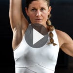 Woman performing shoulder press with text overlay describing push up workout