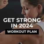 Woman performing shoulder press with text overlay describing push up workout