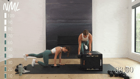two women performing a bird dog back row in an arm workout for women