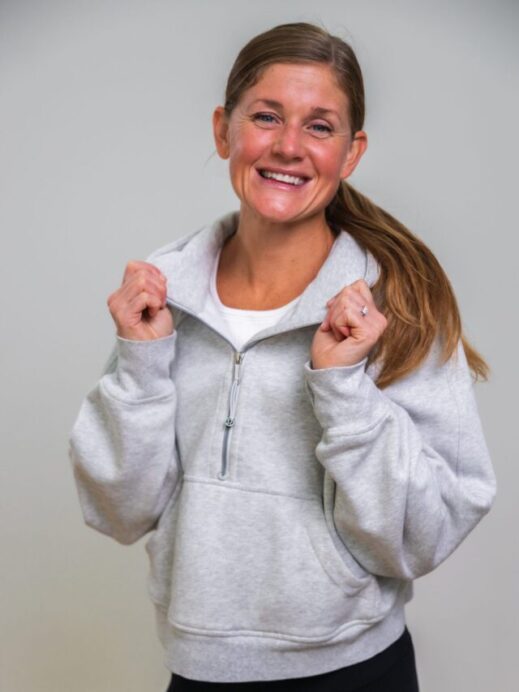 woman wearing lululemon scuba sweatshirt as part of lululemon gift guide review