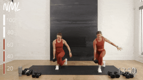 two women performing a curtsy lunge and a lateral lunge