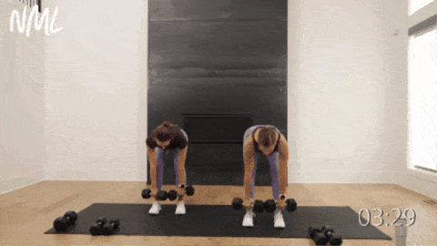 two women performing a deadlift with a calf raise as part of a beginner dumbbell workout