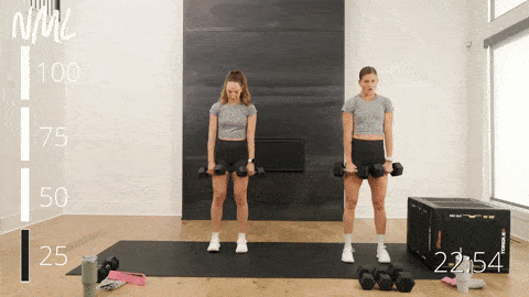 two woman performing a deadlift clean and lateral front squat with dumbbells in a squat workout