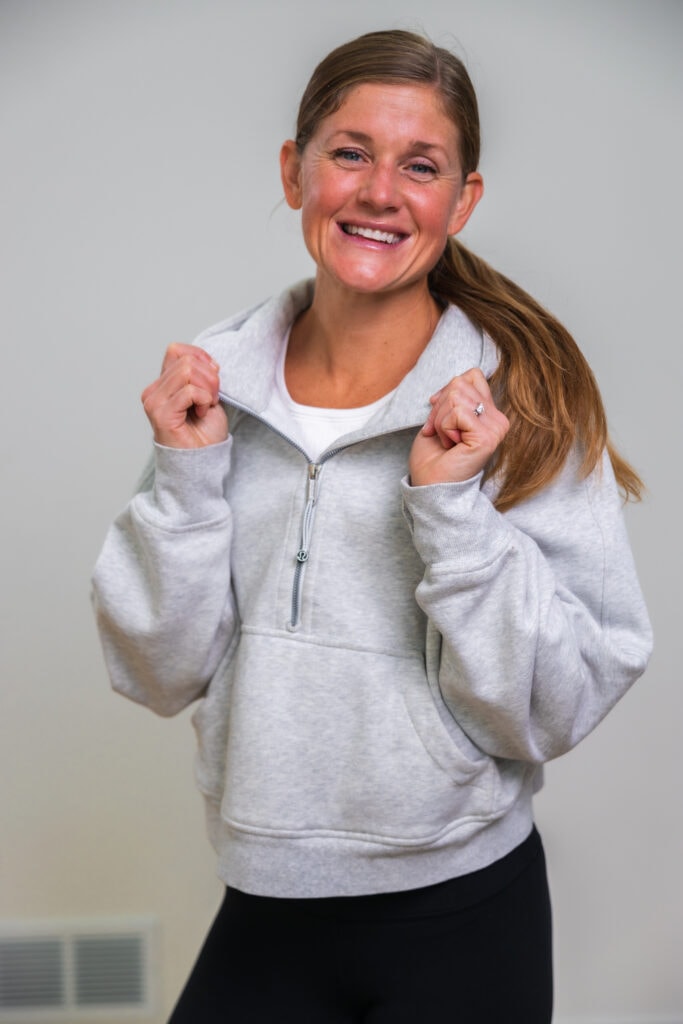 woman wearing lululemon scuba sweatshirt as part of lululemon gift guide review