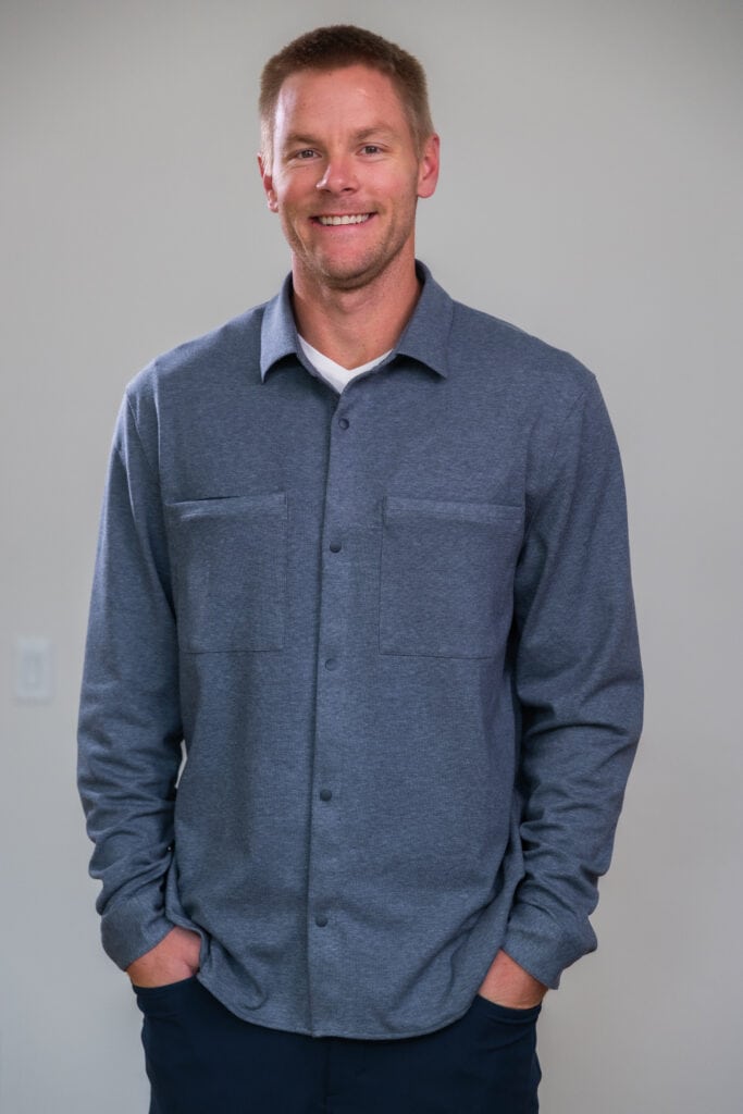 man modeling lululemon knit overshirt as part of lululemon gift guide