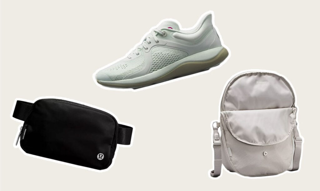 lululemon black friday accessories and shoes on sale. Black everywhere belt bag, white chargefeel shoes, and cream all night festival bag.