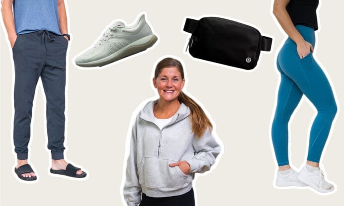 lululemon black friday sale items. Man wearing ABC joggers with restfeel shoes, chargefeel shoes in white, everywhere belt bag in black, women in grey scuba oversized half zip, and women wearing teal align leggings with white shoes.