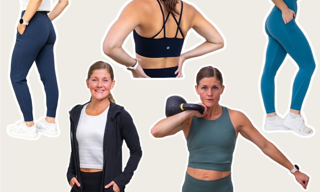 Women's lululemon black friday sales. Women wearing an assortment of lululemon sale items including leggings, joggers, jackets and bras.