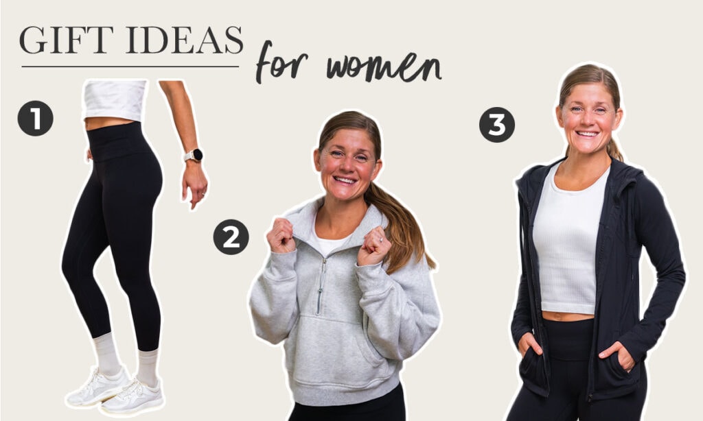 collage of woman wearing lululemon leggings and sweatshirts as part of gift guide