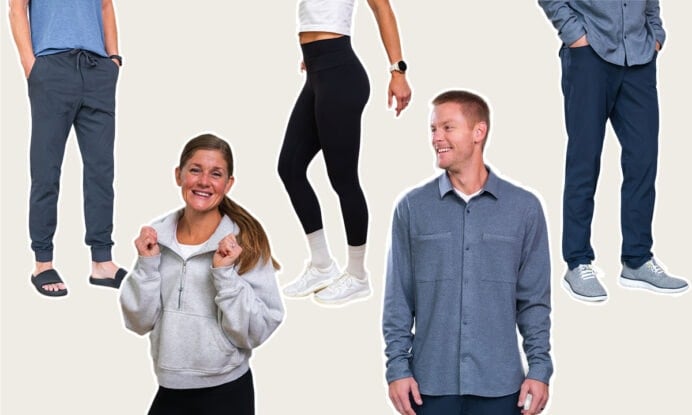 man and woman wearing lululemon pants and tops