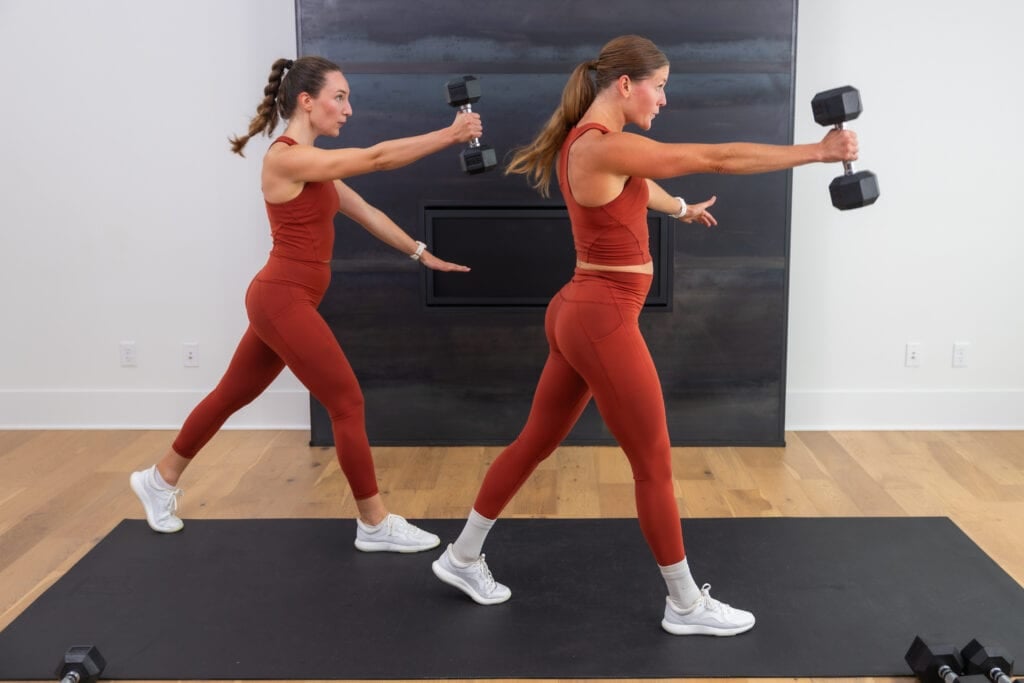 two women performing an uneven lunge swing