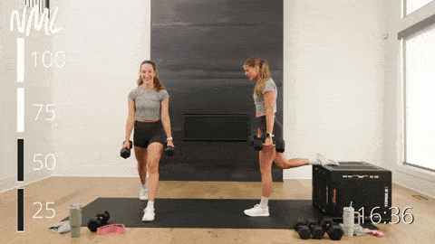one woman performing a rear foot elevated lunge and one performing a lunge modification