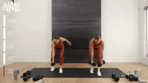 two women performing a staggered back row, clean and squat