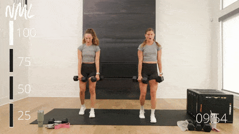 two women performing a staggered deadlift and calf raise in a squat workout