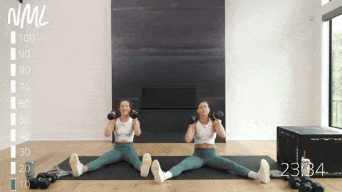 two women performing a v-sit alternating shoulder press in an upper body workout with dumbbells
