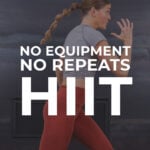 woman performing lunge jumps as part of 15 minute hiit workout