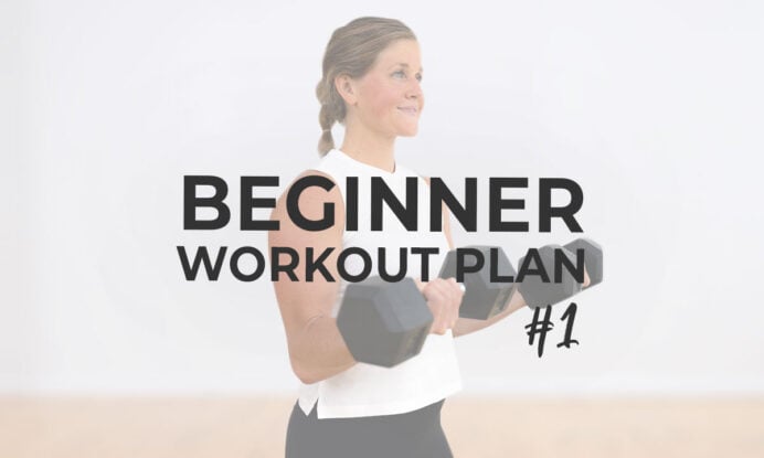woman performing bicep curl with text overlay describing beginner workout plan