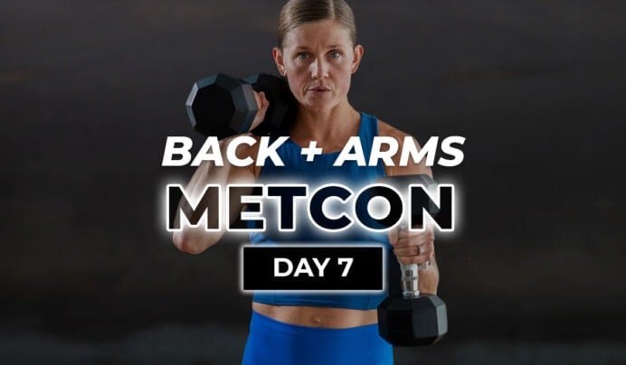 Woman performing back row exercise with text overlay