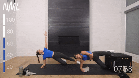 one woman performing a copenhagen plank and one woman holding a modified side plank in a core workout