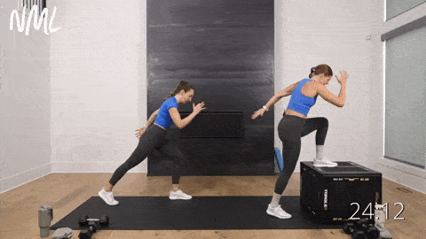 two women performing single leg runners in a cardio endurance workout