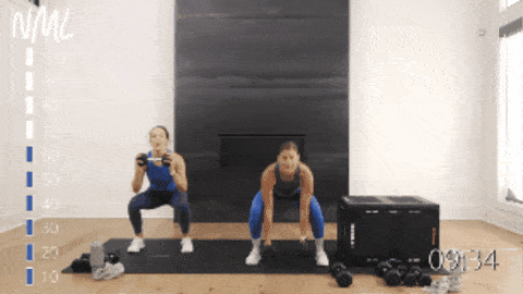 two women performing burpee renegade back rows with dumbbells