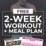 Collage of meal plan and 2-week workout challenge calendar